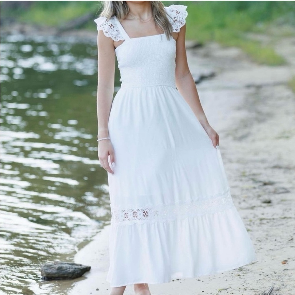 White Maxi Dress with lace, smocked, pockets, flutter sleeve, spring summer